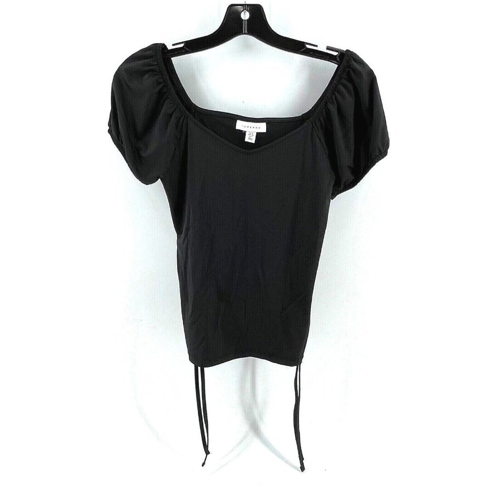 Top Shop Women's Black Scoop Neck Top Blouse Size 8 Short Sleeves Stretch Hem